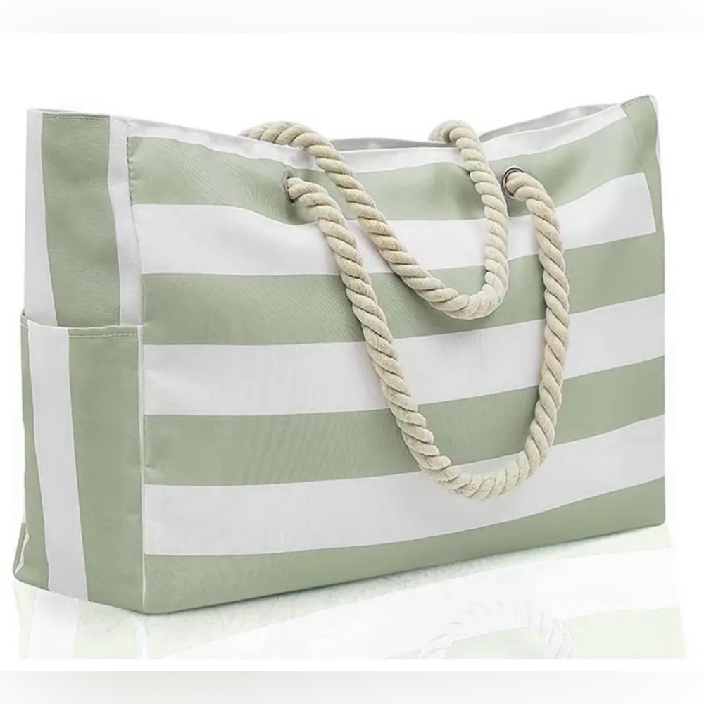 Beach Tote Bag Matcha Green Large Capacity Zippered Waterproof with Rope Handle
